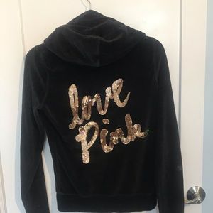 PINK Victoria's Secret Black Velvet Hoodie with Gold Sequin 'Love Pink'